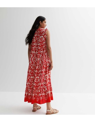 Red Abstract Tie Neck Smock Maxi Dress