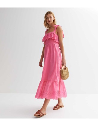 Pink Broderie Frill Strappy Midi Dress