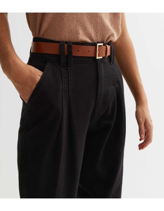 Black Denim Belted Crop Trousers