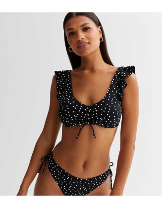 Black Spot Ruffle Bikini Top