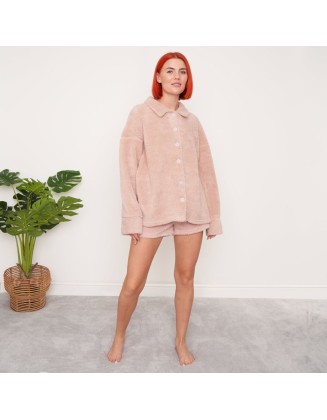 OHS Teddy Button Up Over Shirt - Blush