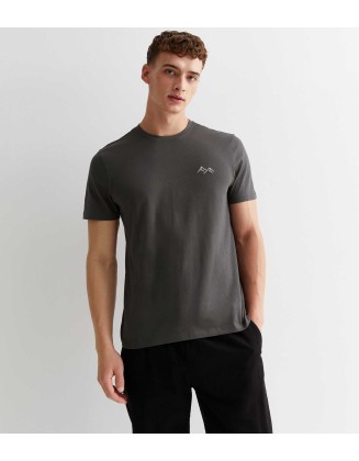 Dark Grey Cotton Embroidered Mountain Logo T-Shirt